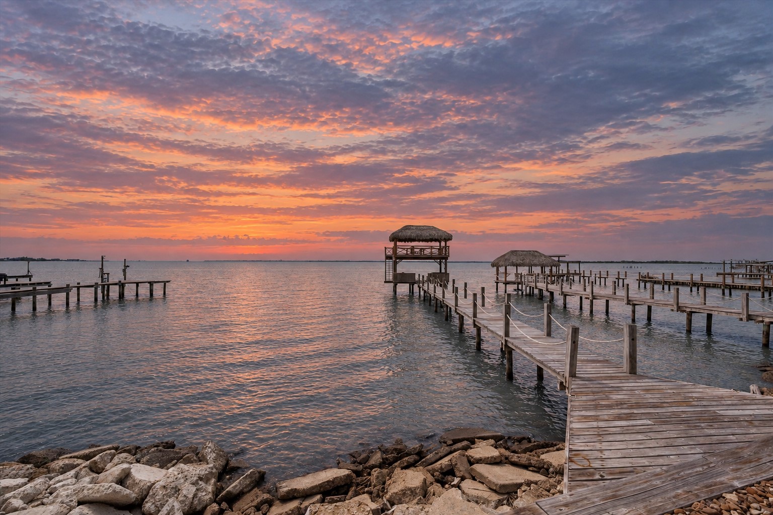 A TWO-LEVEL PALAPA-COVERED DOCK CREATES MULTIPLE SPACES FOR RELAXING AND ENTERTAINING DIRECTLY OVER THE WATER.