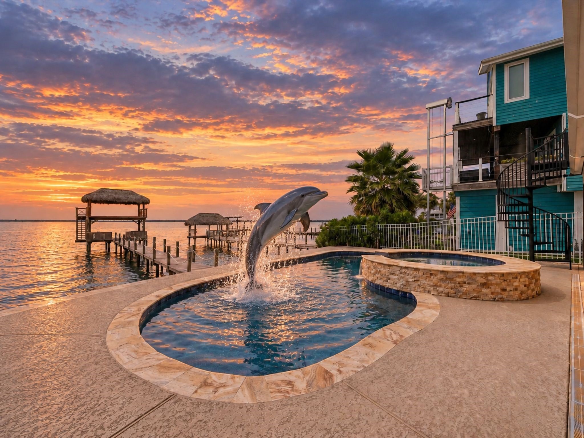 THE POOL AND RAISED SPA ARE POSITIONED BESIDE A LARGE COVERED PATIO WITH DIRECT WATERFRONT VIEWS.