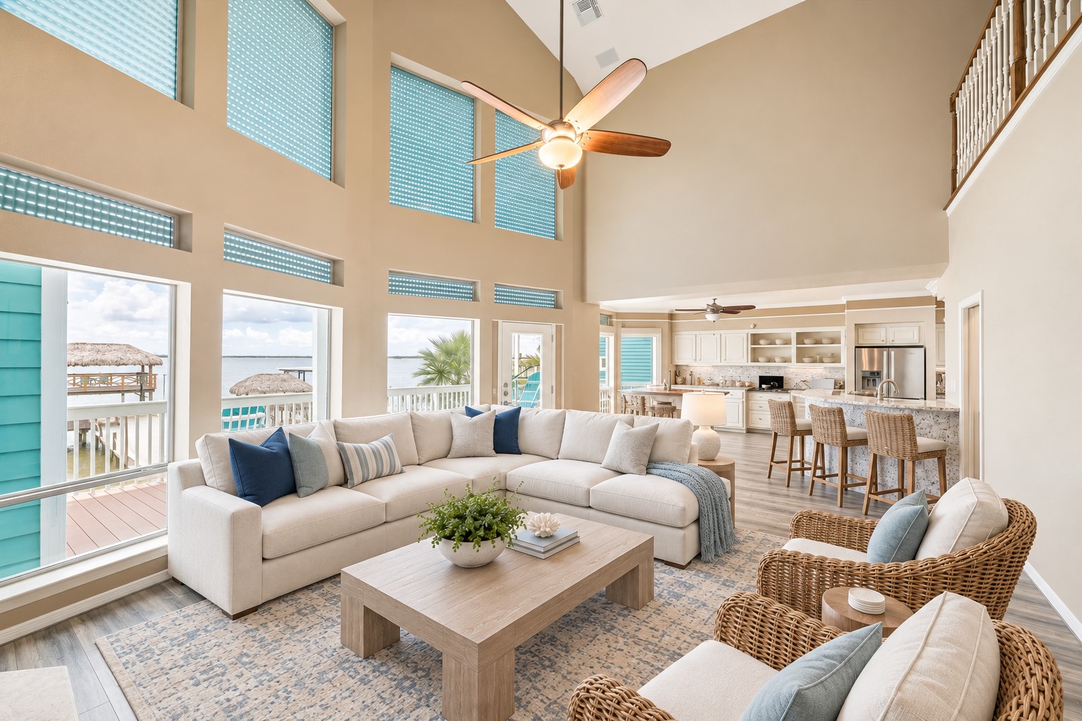 THE OPEN-CONCEPT FAMILY ROOM CONNECTS SEAMLESSLY TO THE KITCHEN AND FEATURES A WALL OF WINDOWS OVERLOOKING THE WATER. **Virtually Staged