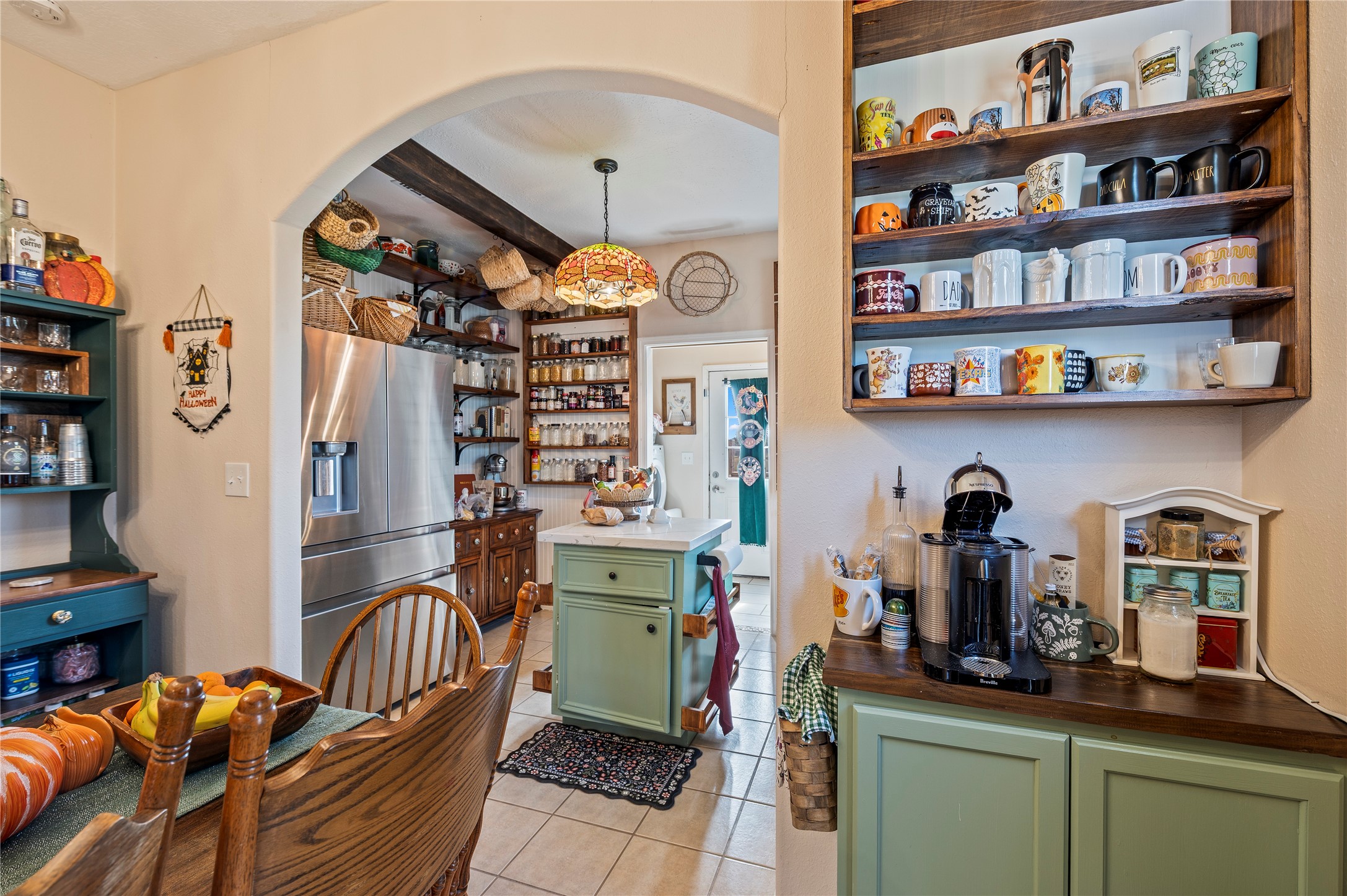 Custom wood shelving and cabinet are great for decorations and more.
