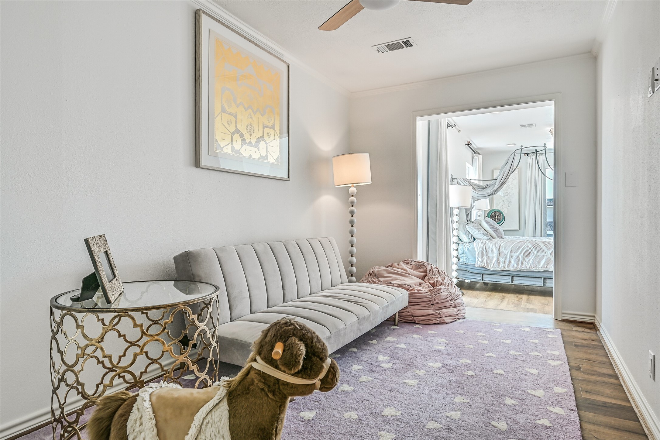 Guests get more than a place to sleep here. A private sitting area creates room for coffee, reading or a little downtime before rejoining everyone else.