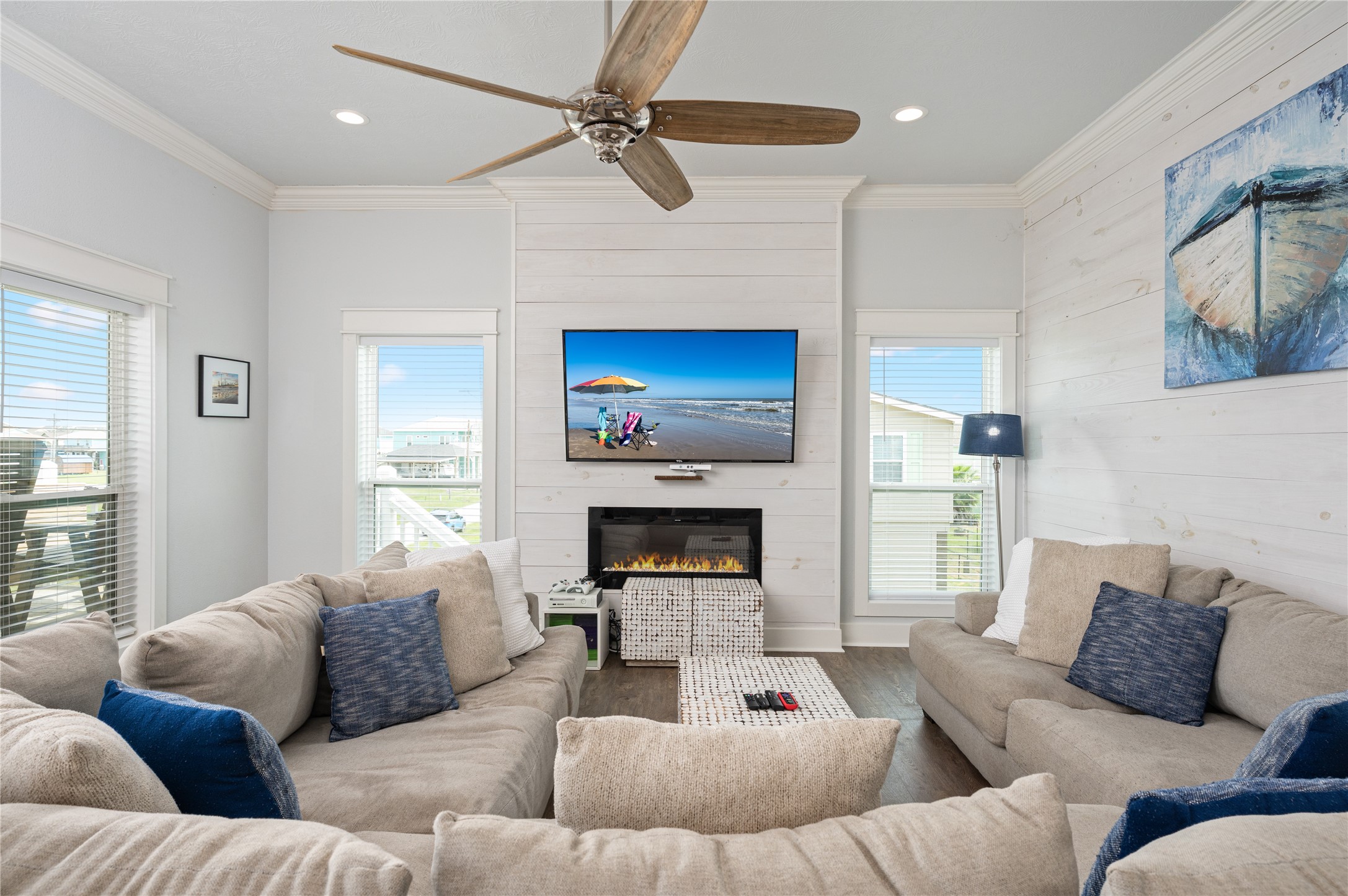 Evenings at home feel extra cozy gathered around your fireplace, with plenty of room for everyone to stretch out and relax.