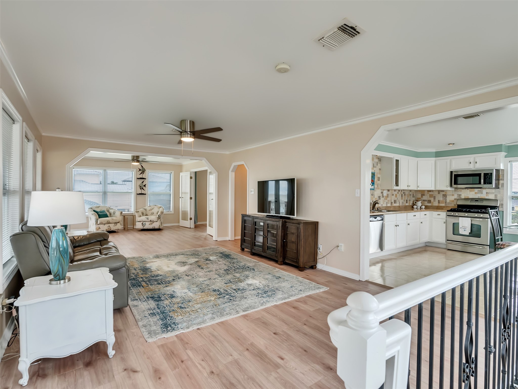 Living room flows seamlessly into the kitchen.
