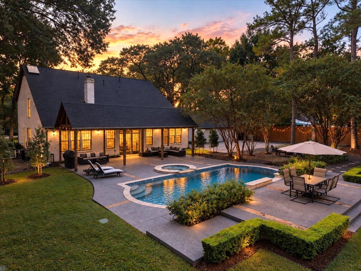 Resort-inspired outdoor living at home. The sparkling pool and hot tub, redone in 2024 with new tile, coping, and equipment, are surrounded by a flagstone-accented deck. The mature trees and glowing evening light make every night feel like a getaway.