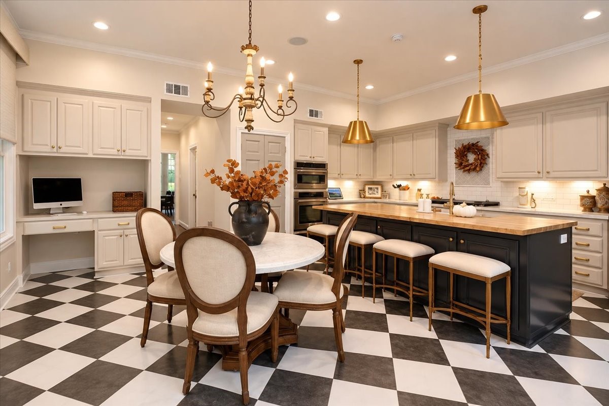 Gather around the island, enjoy morning coffee in the sunlit breakfast area, or catch up on work at the built-in desk nook, all within this beautifully appointed gourmet kitchen.
