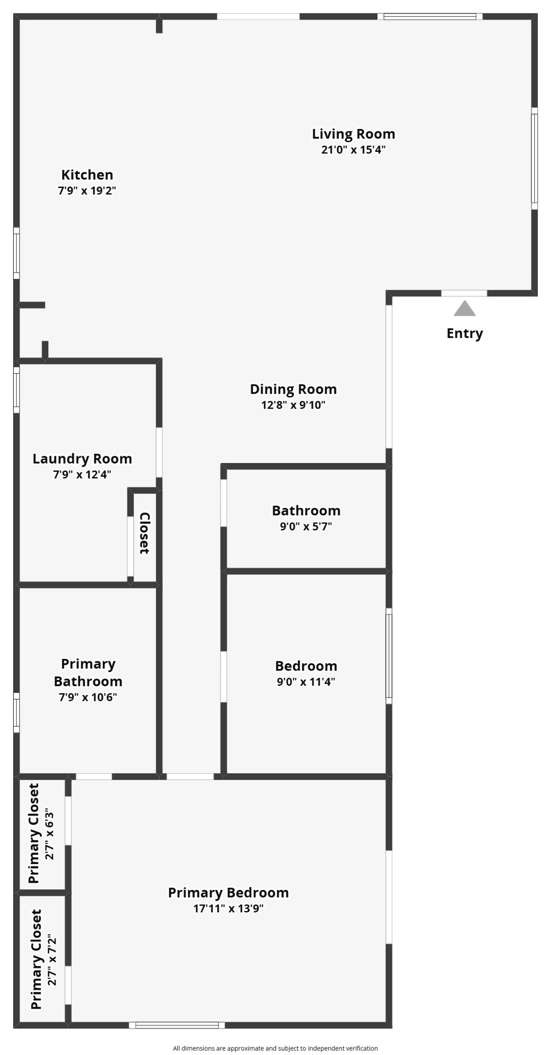 the home's functional layout including an expansive living and kitchen area, separate dining space, two bedrooms, two bathrooms and dedicated laundry room. Dimensions are approximate and should be independently verified