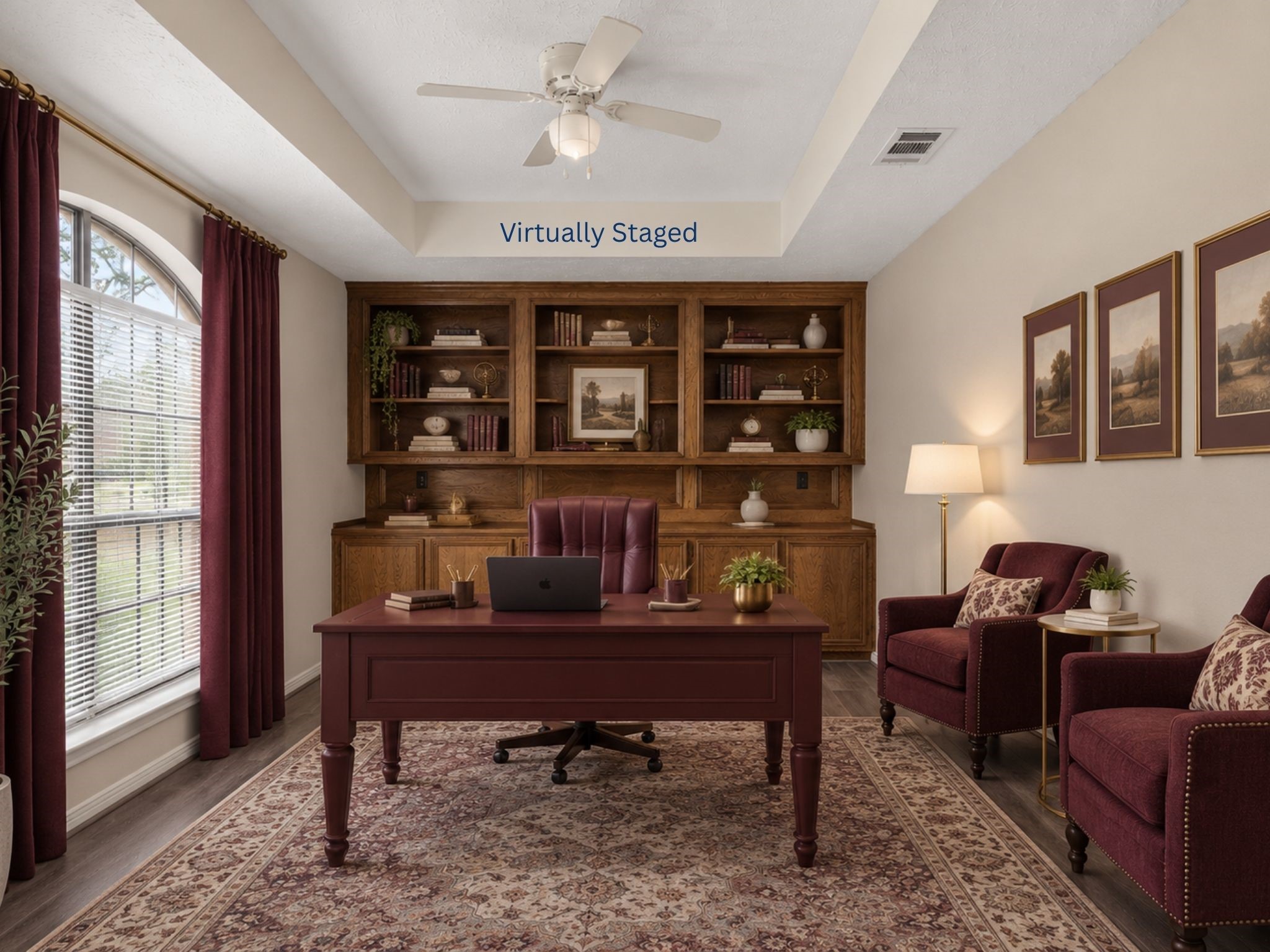 This image has been digitally enhanced to illustrate the potential of this versatile space. The room offers flexibility for use as a home office, study, library, or personal workspace, allowing buyers to envision a functional space tailored to their needs.