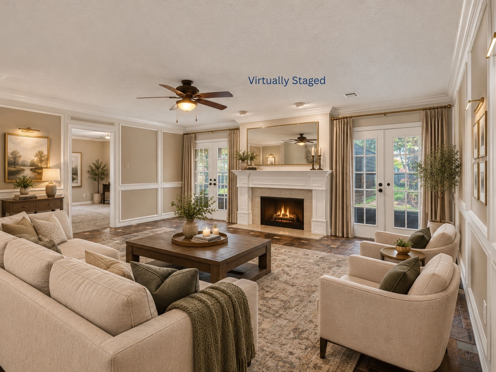Thoughtfully furnished to illustrate the room's possibilities, this inviting living area shows how easily the space can become a comfortable place to gather, relax, and make memories.