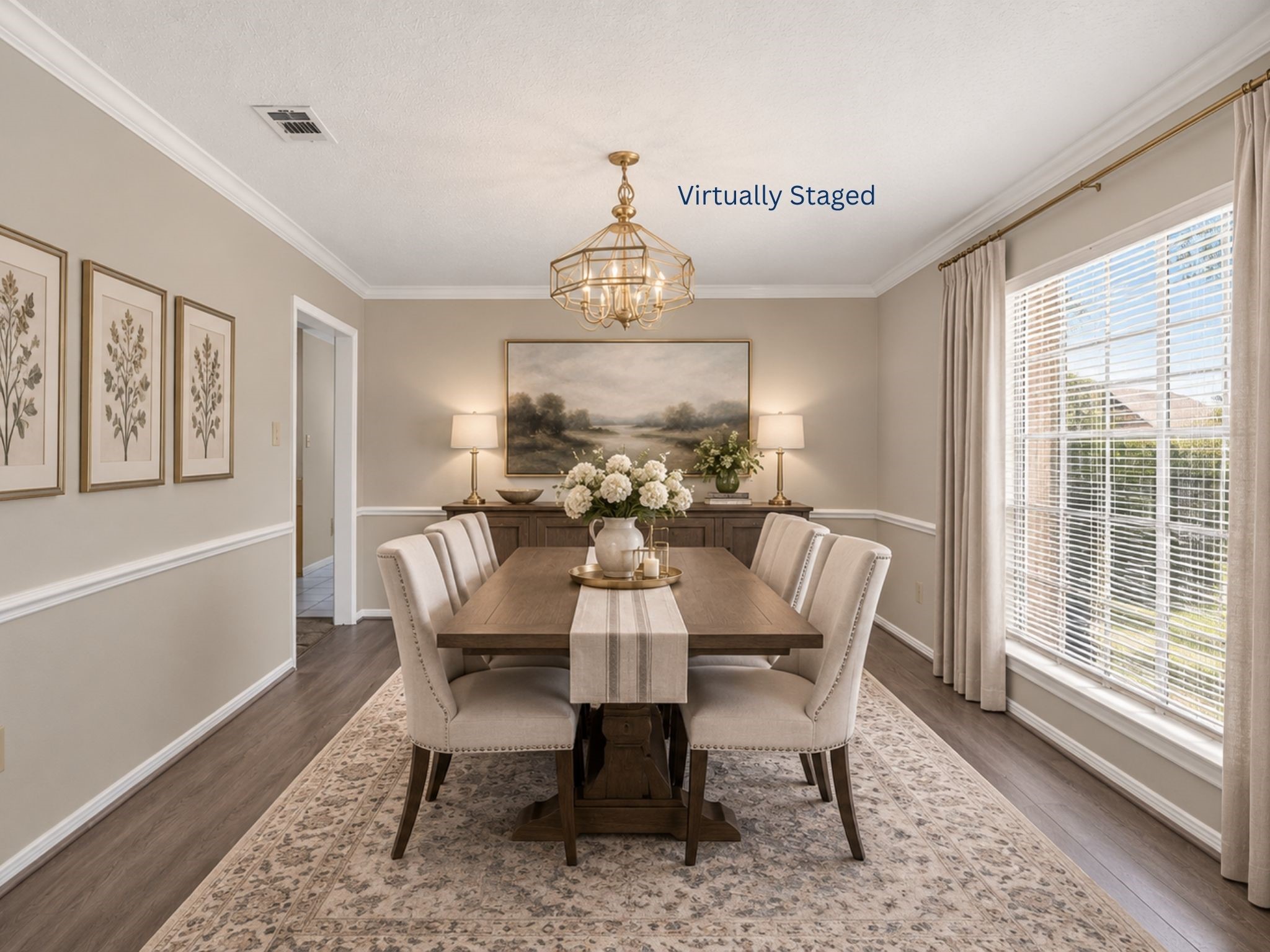 Virtual staging reveals how beautifully this room can function as an elegant dining space, with generous natural light creating an inviting backdrop for dinners, celebrations, and everyday moments.