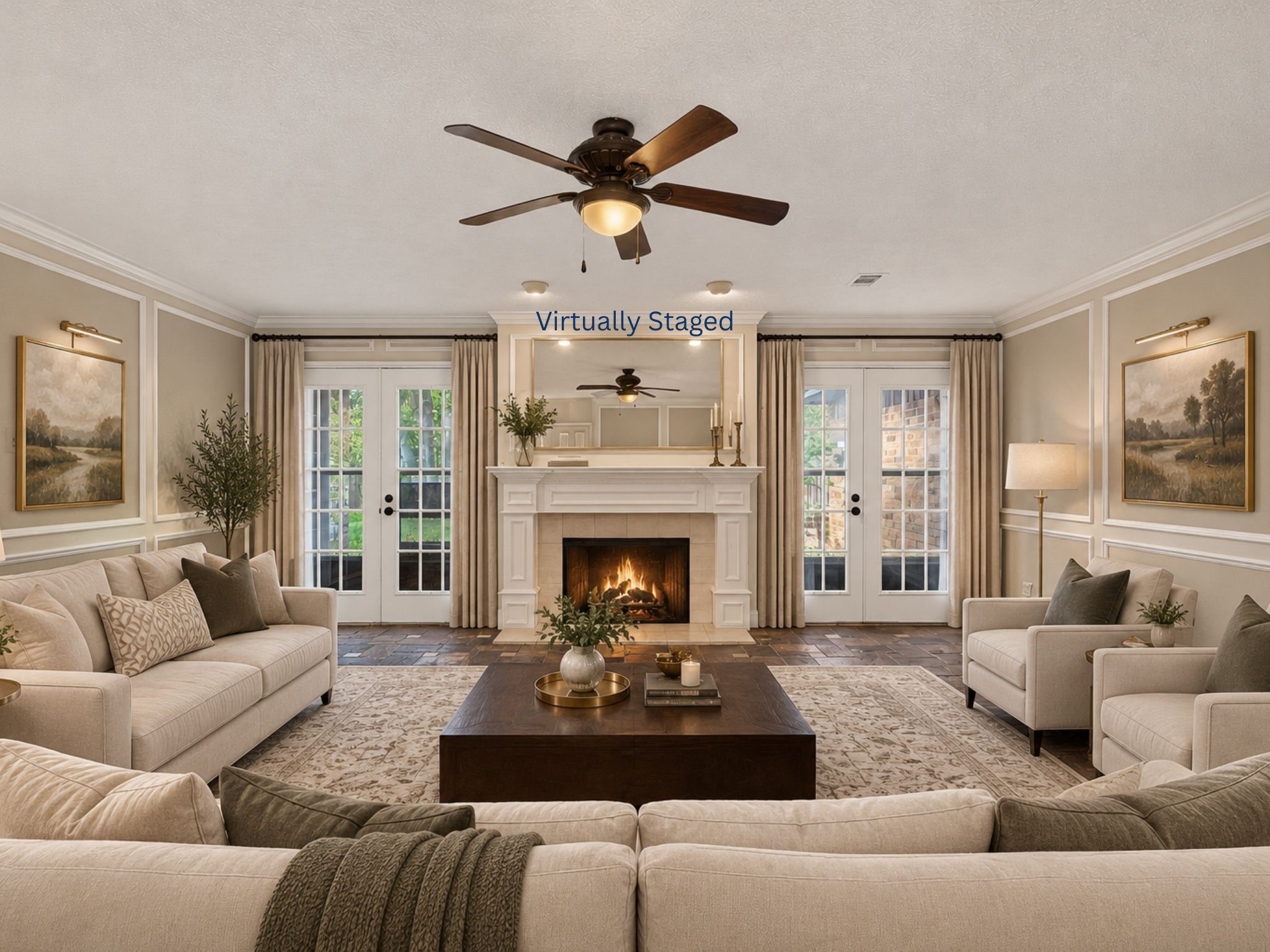 The virtual furnishings demonstrate the scale and versatility of this room, helping buyers envision comfortable seating, entertaining, and everyday living around the fireplace.