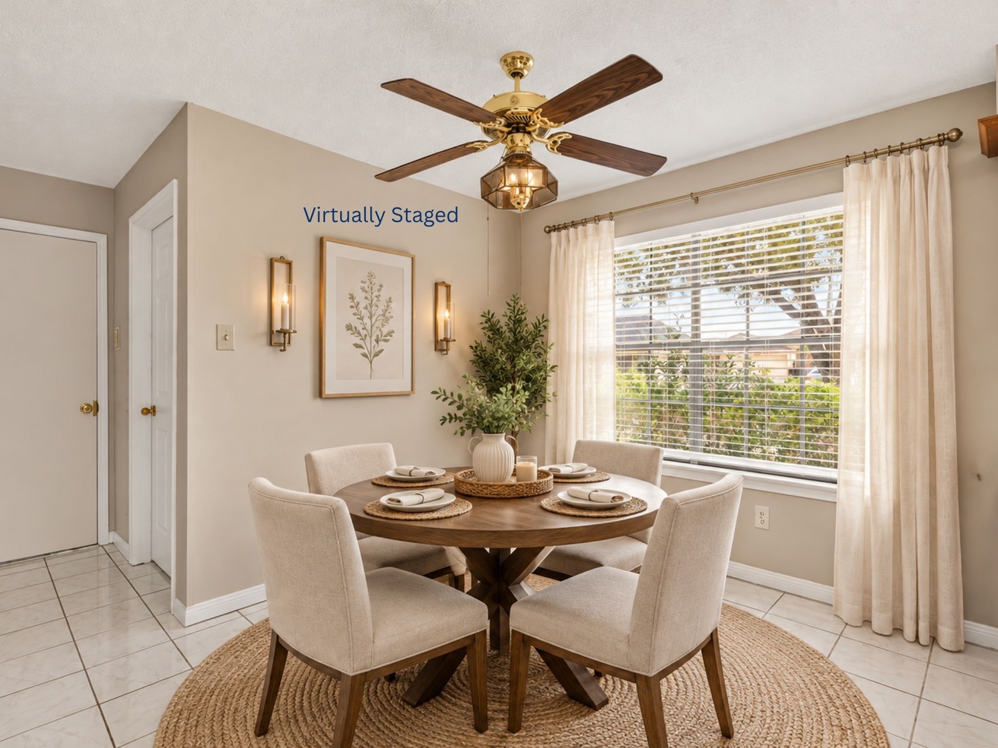 Virtual staging brings this dining space to life, showing how the room can become an elegant setting for everything from quiet family meals to larger celebrations.