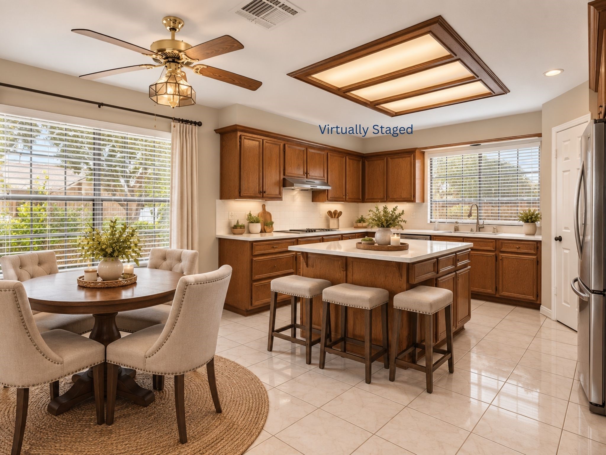 Virtual staging illustrates the possibilities of this bright open area, showing how the kitchen and dining spaces can work together for everyday meals, hosting, and memorable gatherings.