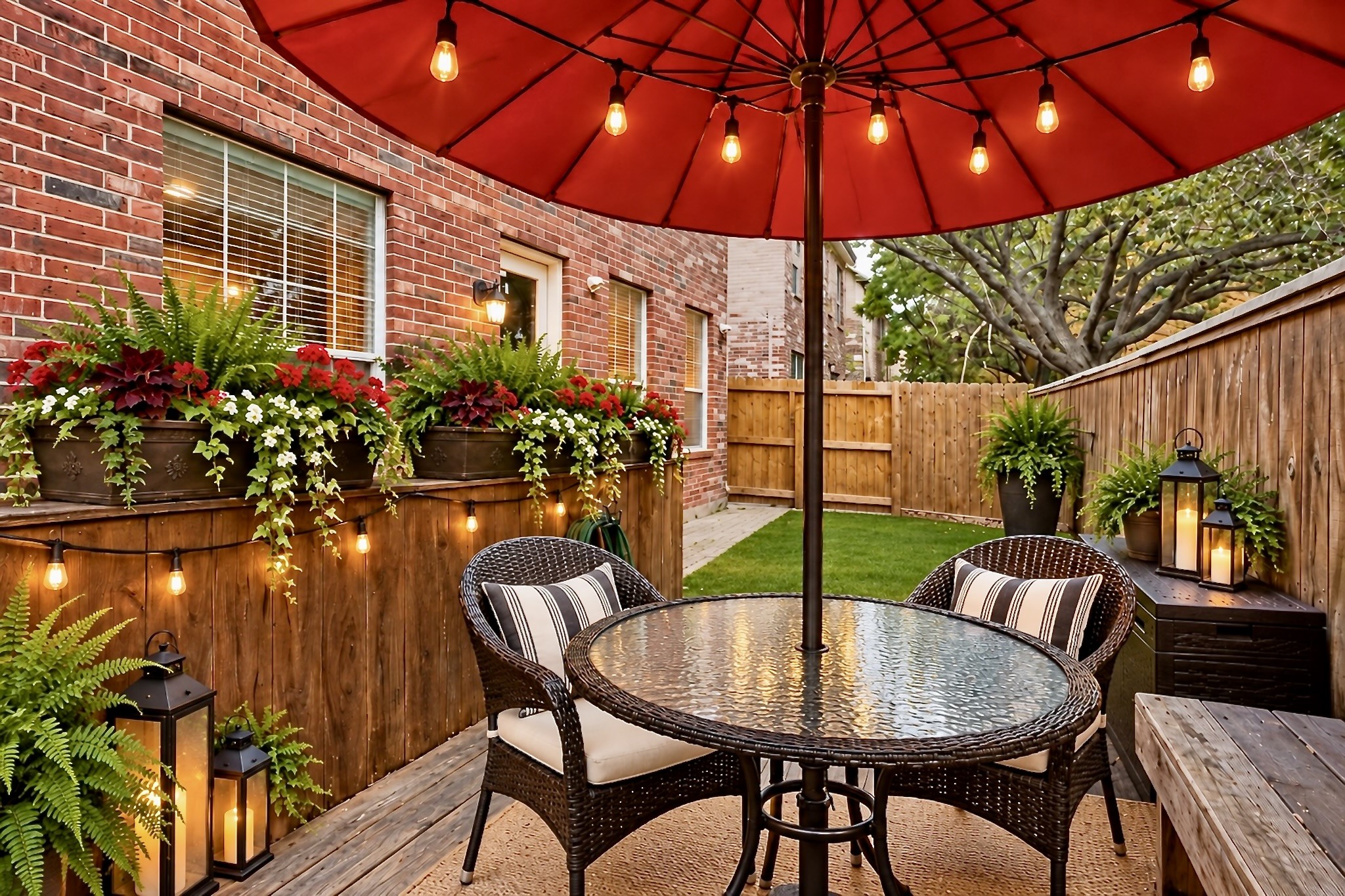 Low-maintenance backyard with artificial turf and patio, creating an easy-care outdoor space for relaxing or entertaining. Virtually staged.