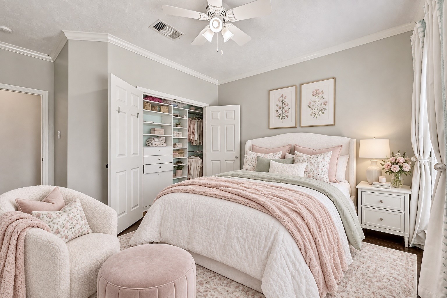 Comfortable secondary bedroom with custom closet built-ins, natural light, ceiling fan, and neutral finishes. Virtually staged.