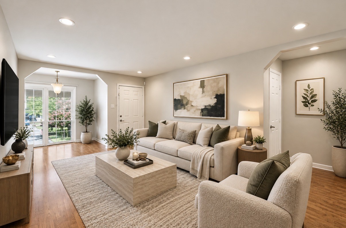Living room - virtually staged for illustrative purposes only. Furniture and decor are not included in the sale.