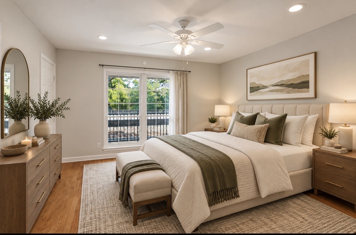 Primary bedroom - virtually staged for illustrative purposes only. Furniture and decor are not included in the sale.