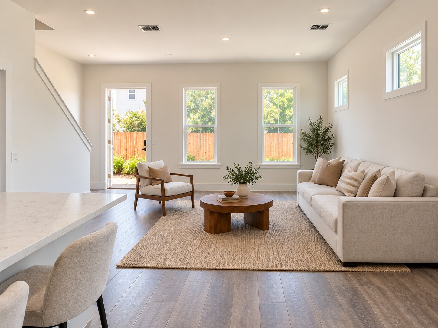 Enjoy this beautifully designed open-concept living area featuring generous natural light, elegant wood-look flooring, and a welcoming neutral color palette. Multiple windows brighten the space, while recessed ceiling lighting enhances the airy atmosphere. A comfortable sofa, accent chair, round wooden coffee table, and textured area rug create an inviting gathering area. Convenient access to the outdoor space adds to the room's functionality. These photos have been virtually rendered for visual reference. Enjoy this beautifully designed open-concept living area featuring generous natural light, elegant wood-look flooring, and a welcoming neutral color palette. Multiple windows brighten the space, while recessed ceiling lighting enhances the airy atmosphere. A comfortable sofa, accent chair, round wooden coffee table, and textured area rug create an inviting gathering area. Convenient access to the outdoor space adds to the room's functionality. These photos have been virtually rendered for visual reference.