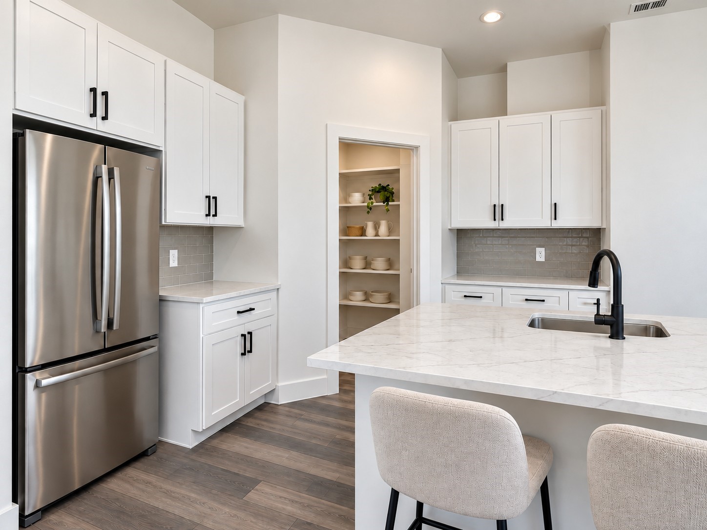 This stunning contemporary kitchen features crisp white shaker-style cabinetry, elegant stone-look countertops, and a coordinating gray tile backsplash. Stainless steel appliances, including a French-door refrigerator, provide modern functionality, while matte black cabinet hardware and a stylish gooseneck faucet add striking contrast. The spacious island offers additional preparation space, an undermount sink, and comfortable seating. These photos have been virtually rendered for visual reference. This stunning contemporary kitchen features crisp white shaker-style cabinetry, elegant stone-look countertops, and a coordinating gray tile backsplash. Stainless steel appliances, including a French-door refrigerator, provide modern functionality, while matte black cabinet hardware and a stylish gooseneck faucet add striking contrast. The spacious island offers additional preparation space, an undermount sink, and comfortable seating. These photos have been virtually rendered for visual reference.