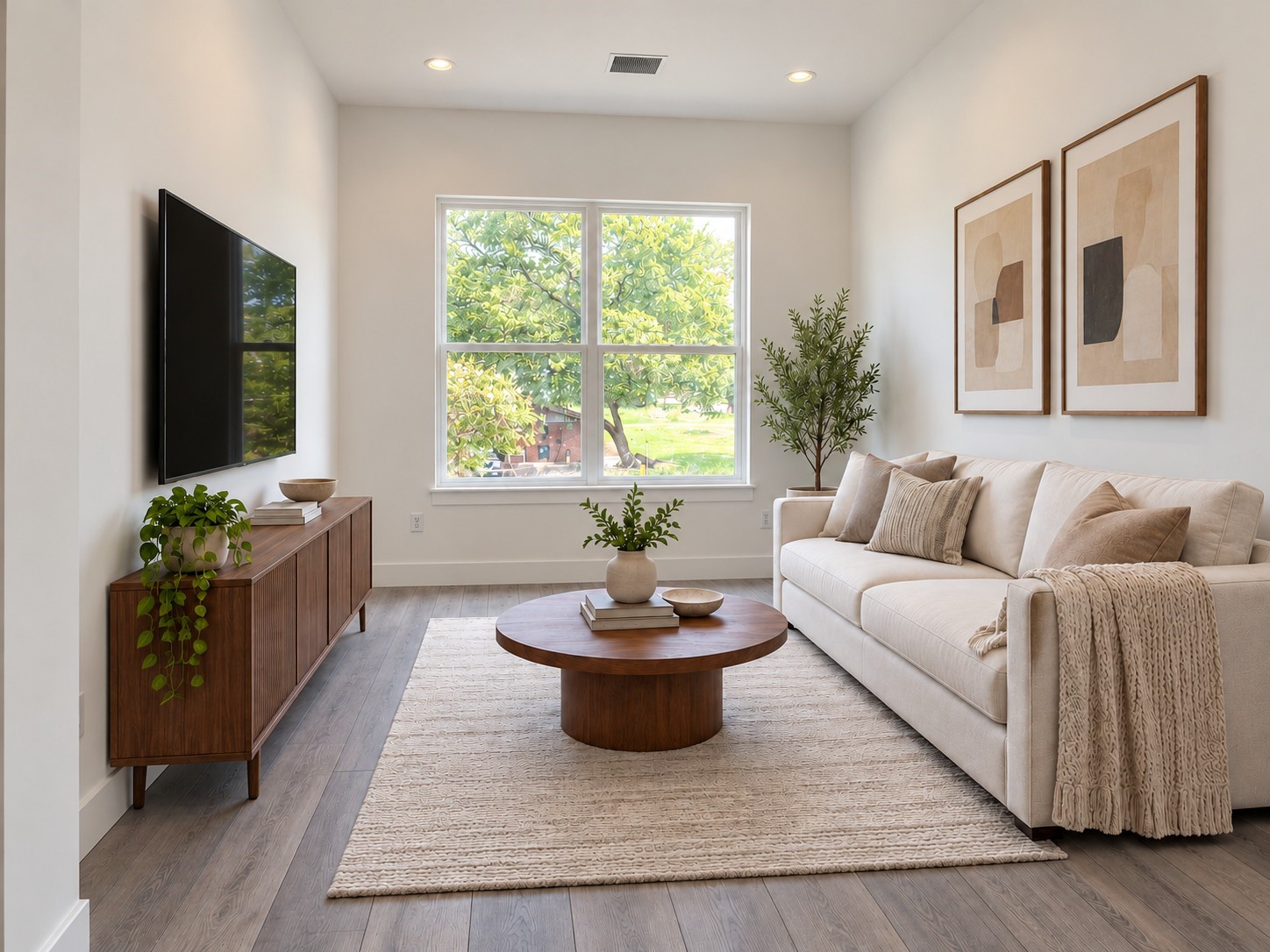 This beautifully styled living room offers a warm and inviting atmosphere with abundant natural light streaming through a large window. The space features elegant wood-look flooring, crisp white walls, and recessed ceiling lighting. A comfortable neutral sofa, round wooden coffee table, and textured area rug create a cozy gathering space. Contemporary artwork, a sleek wall-mounted television, and a coordinating media console add sophistication. These photos have been virtually rendered for visual reference.