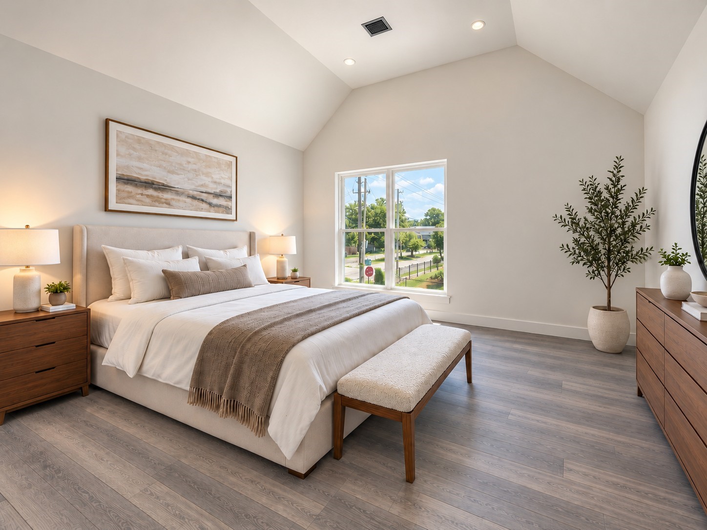 Retreat to this stunning primary bedroom featuring an elegant vaulted ceiling, beautiful wood-look flooring, and abundant natural light from a large window. The spacious layout accommodates a luxurious upholstered bed, coordinating wooden nightstands, a comfortable bench, and a stylish dresser. Soft neutral bedding, warm lighting, and tasteful artwork create a relaxing atmosphere. These photos have been virtually rendered for visual reference. Retreat to this stunning primary bedroom featuring an elegant vaulted ceiling, beautiful wood-look flooring, and abundant natural light from a large window. The spacious layout accommodates a luxurious upholstered bed, coordinating wooden nightstands, a comfortable bench, and a stylish dresser. Soft neutral bedding, warm lighting, and tasteful artwork create a relaxing atmosphere. These photos have been virtually rendered for visual reference.