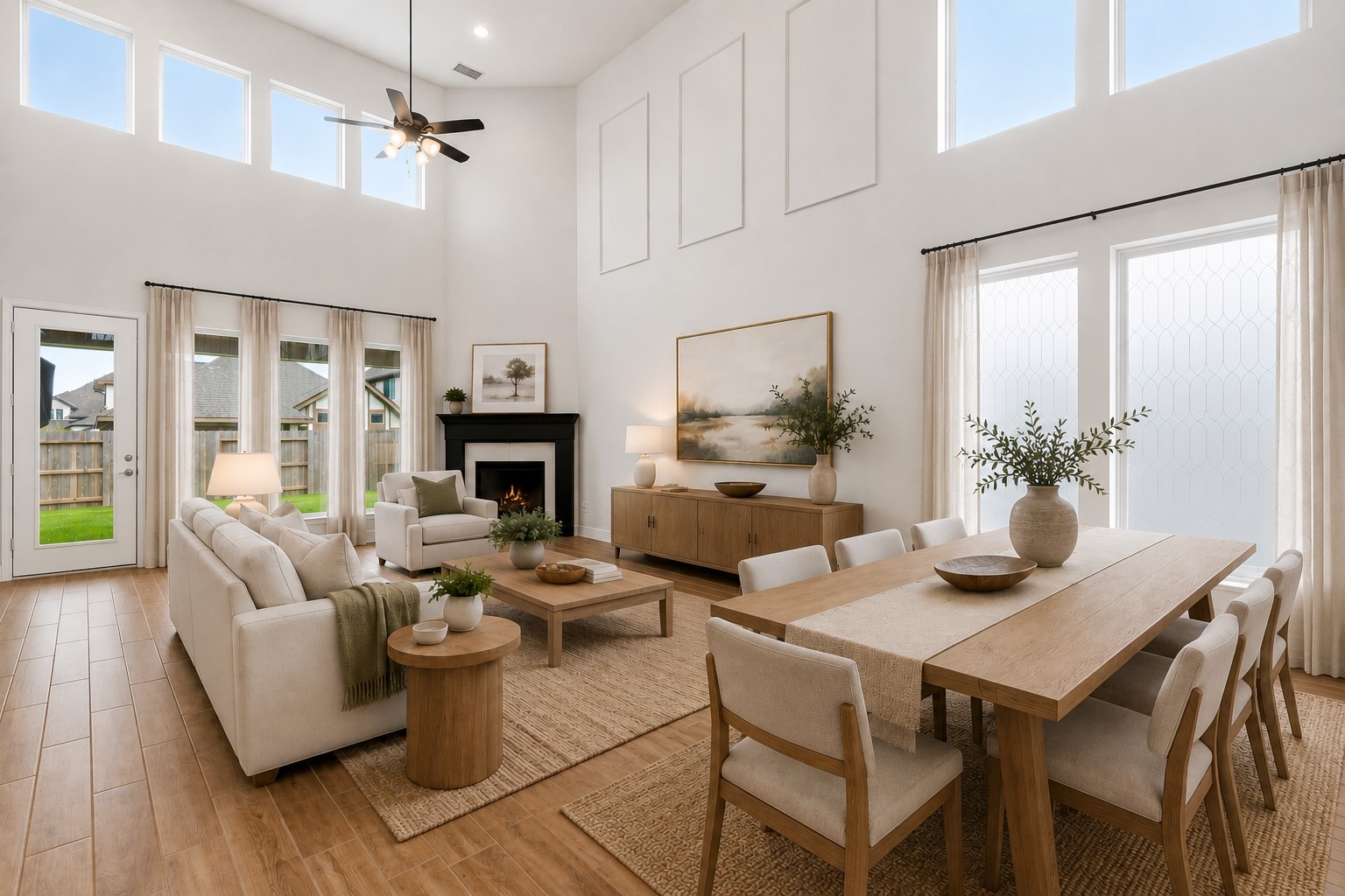 Soaring ceilings and oversized windows fill the home with natural light, creating a bright, open ambiance, while durable wood-look tile flooring adds warmth, style, and easy maintenance. *VIRTUALLY STAGED Soaring ceilings and oversized windows fill the home with natural light, creating a bright, open ambiance, while durable wood-look tile flooring adds warmth, style, and easy maintenance. *VIRTUALLY STAGED