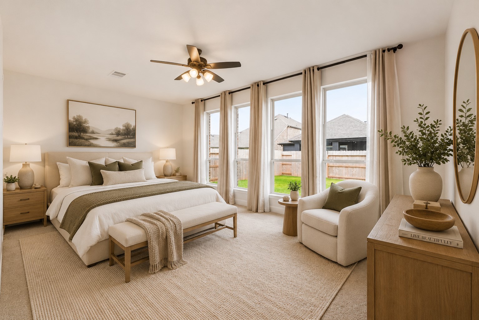 Privately situated, the serene primary suite offers a peaceful retreat filled with natural light, creating a bright, open, and airy atmosphere. *VIRTUALLY STAGED Privately situated, the serene primary suite offers a peaceful retreat filled with natural light, creating a bright, open, and airy atmosphere. *VIRTUALLY STAGED
