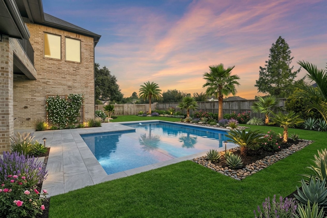 Another angle of rendered visualization of the backyard's potential, transforming the existing space into a stunning resort-style retreat with a large pool and lush, tropical plantings