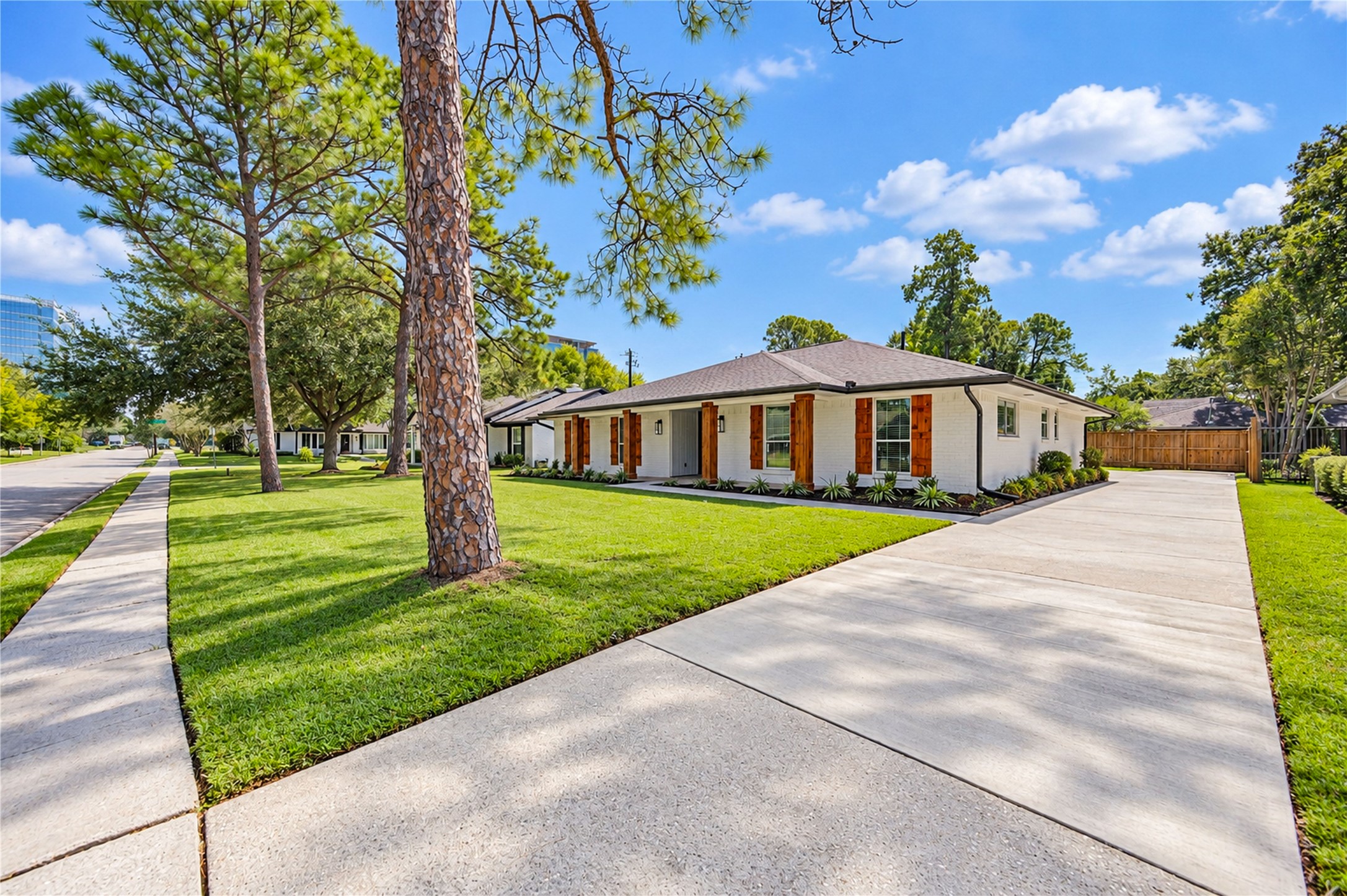 Expansive front lawn with mature shade trees, a new front sidewalk, and a long driveway leading to additional rear parking and garage.