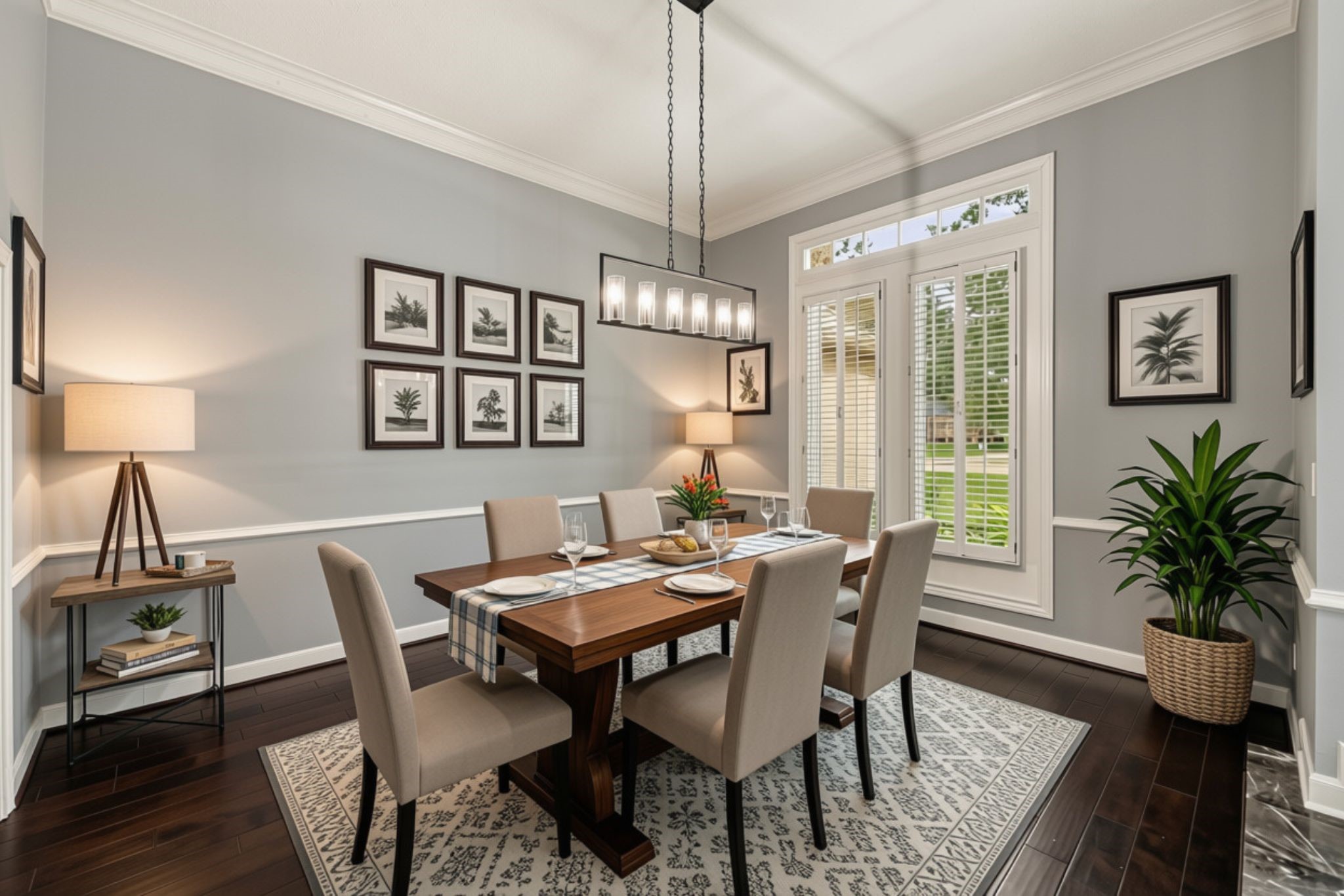 The elegant Formal Dining Room features crown molding, decorative chair rail detailing, and a newly installed matte black six-globe chandelier. A beautiful double windows with plantation shutters provides abundant natural light, while the wood-look luxury vinyl plank flooring adds warmth and sophistication to this inviting space. (VIRTUALLY STAGED)