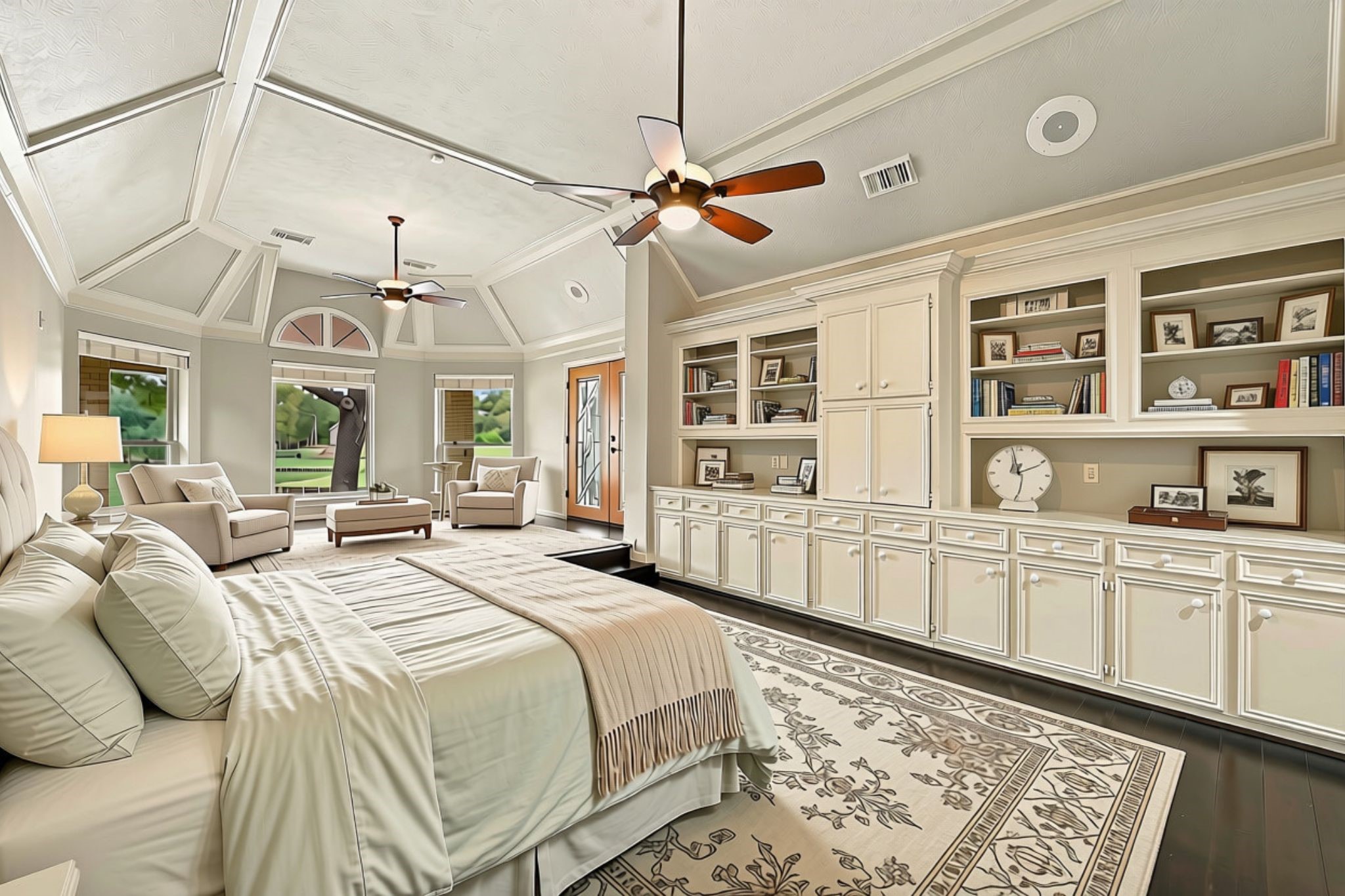 The spacious Primary Bedroom measures an impressive 15' x 30' and offers breathtaking views of beautiful Pecan Lake. This relaxing retreat features gorgeous built-in shelving, soothing paint tones, wood-look luxury vinyl plank flooring, elegant ceiling crown molding, and two ceiling fans for added comfort. The generous proportions and picturesque waterfront views create a wonderful private sanctuary to unwind and enjoy the beauty of the surroundings. (VIRTUALLY STAGED)