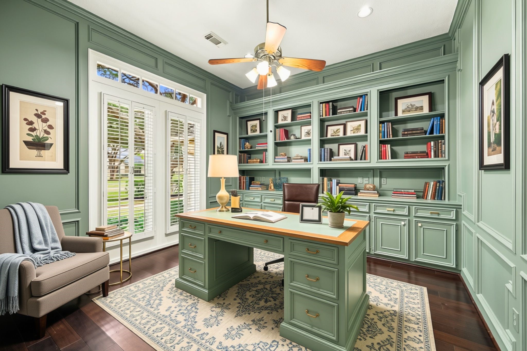 The private Home Office is perfect for the executive or anyone working from home. Features include custom built-in shelving and cabinetry with matte gold hardware, impressive 12-foot ceilings, double windows with plantation shutters, and beautiful wood-look luxury vinyl plank flooring. A functional and inviting space to work in comfort and style. (VIRTUALLY STAGED)