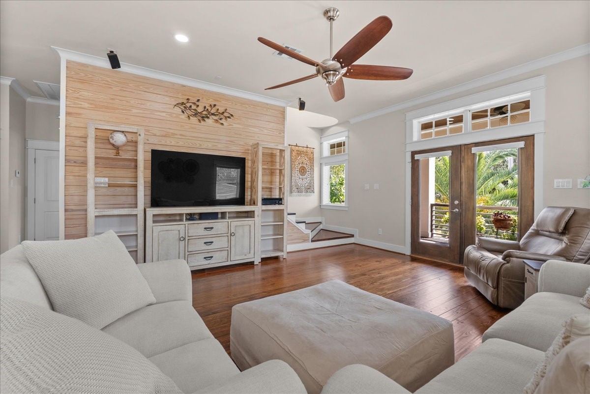 Coastal inspired shiplap accent wall in the living room