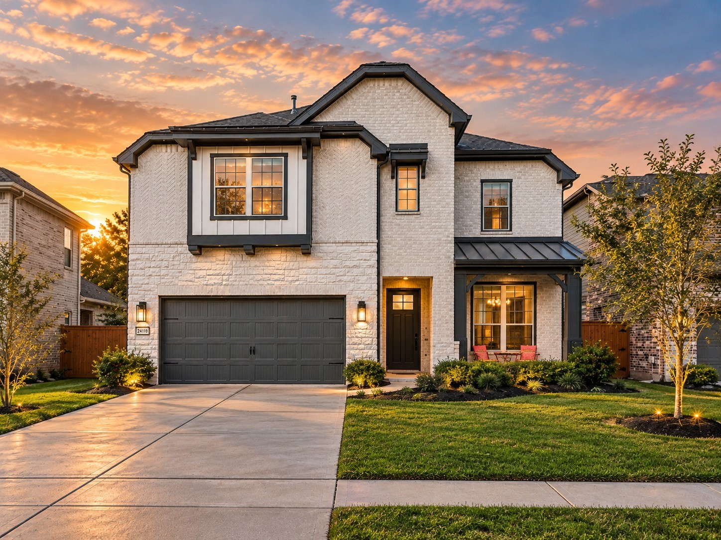 Golden hour front elevation highlighting the light brick, dark trim, and modern architectural lines