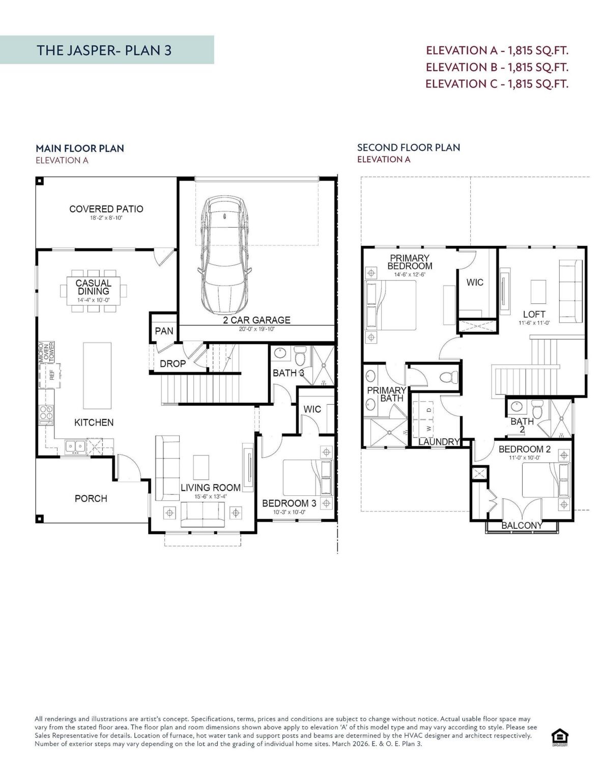 This floor plan features 3 bedrooms, 3 full baths and over 1,815 square feet of living space.