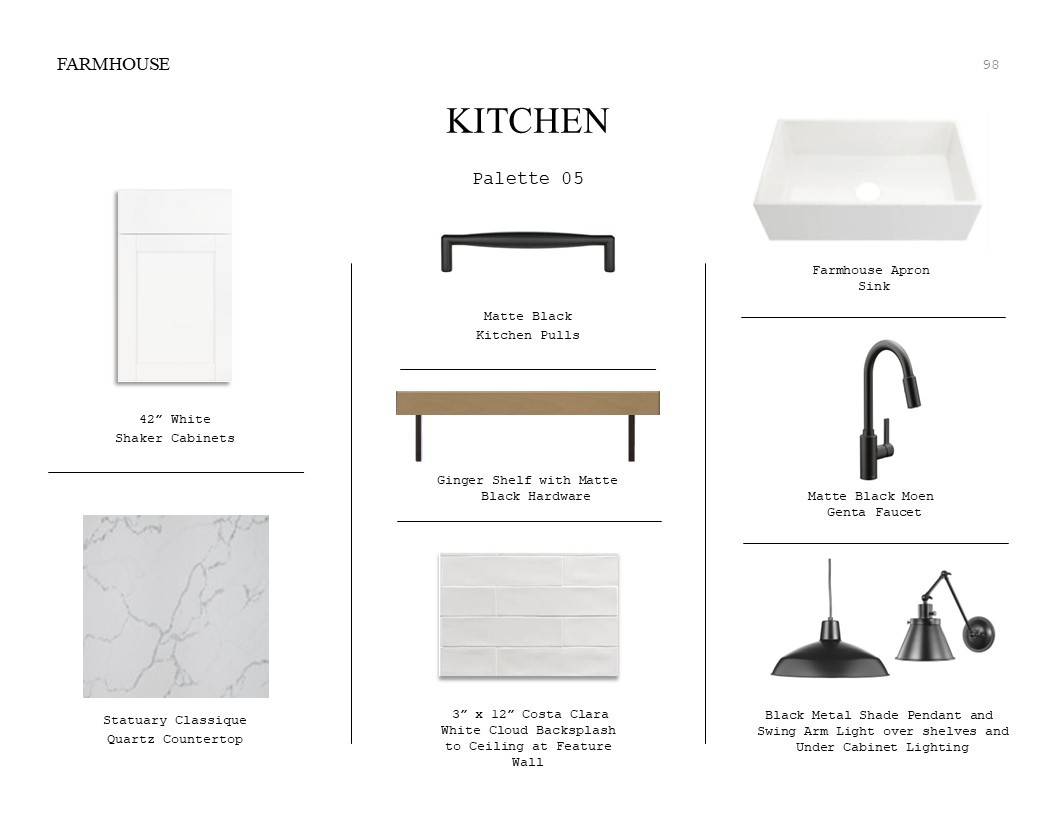 Farmhouse Look Palette 5: Kitchen Selection Sheet (*Artist rendering used for illustration purposes only.)