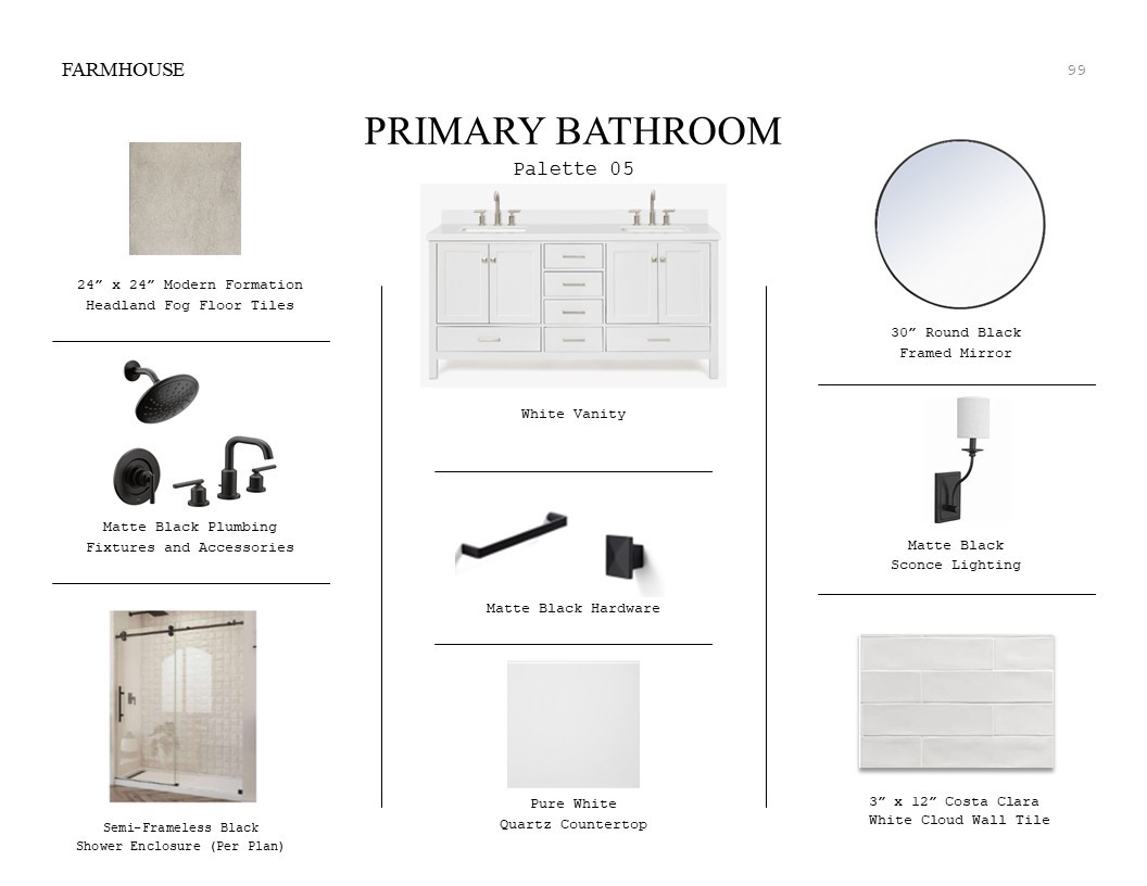 Farmhouse Look Palette 5: Primary Bathroom Selection Sheet (*Artist rendering used for illustration purposes only.)