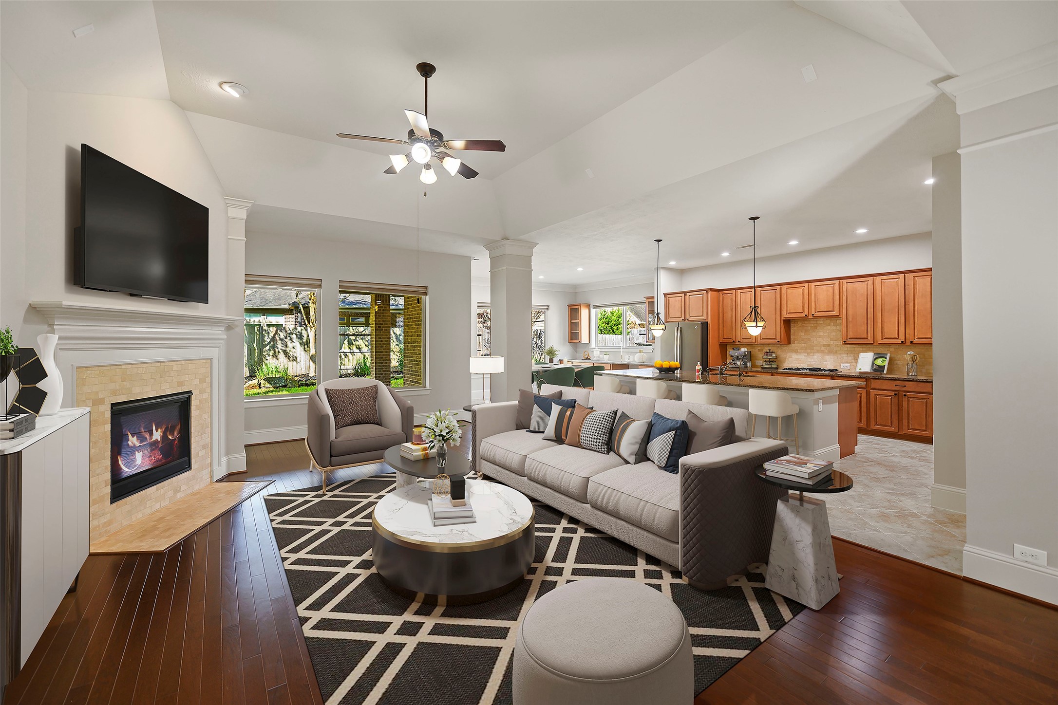 Virtually staged family room.