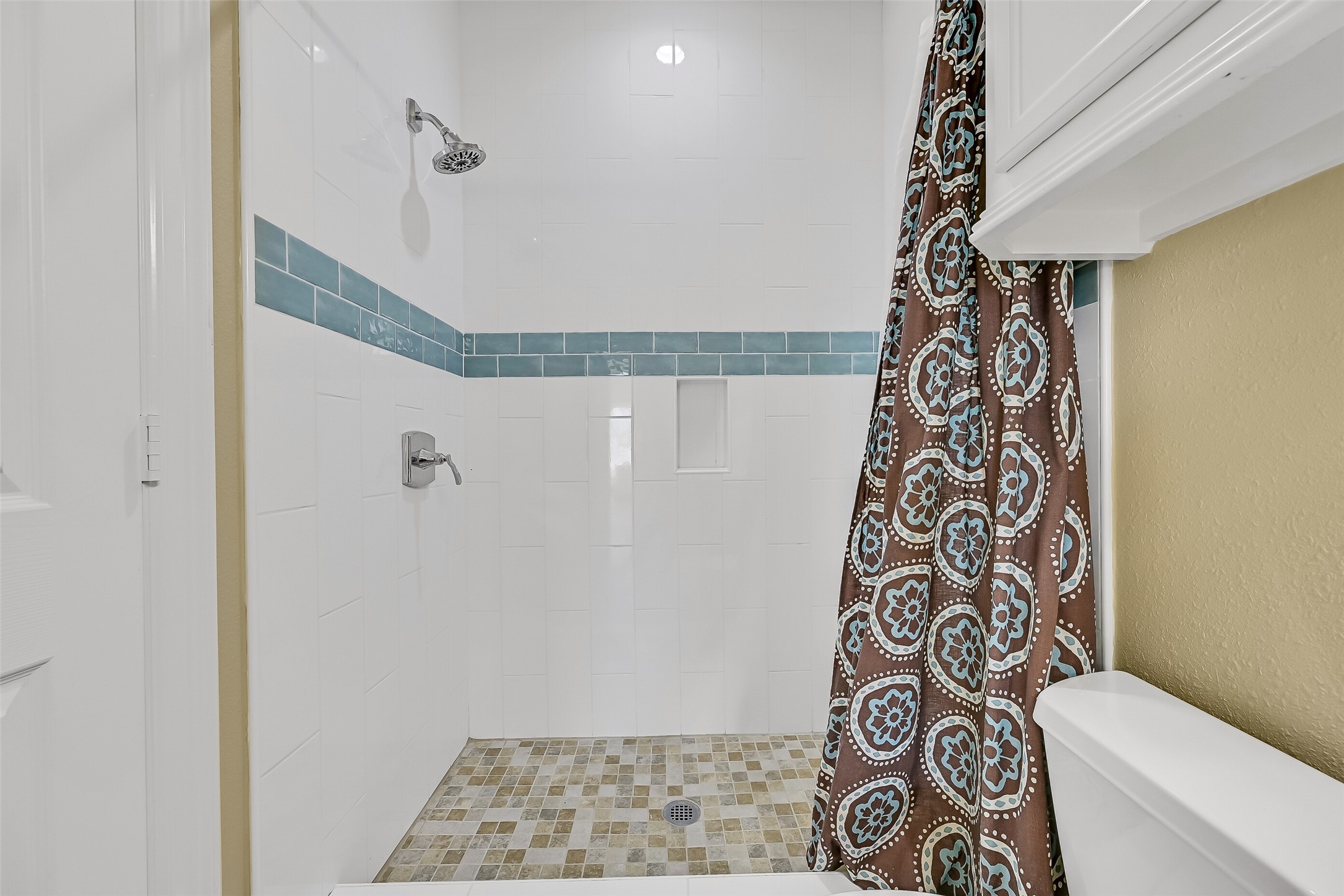 A view of the shower in the guest bathroom.