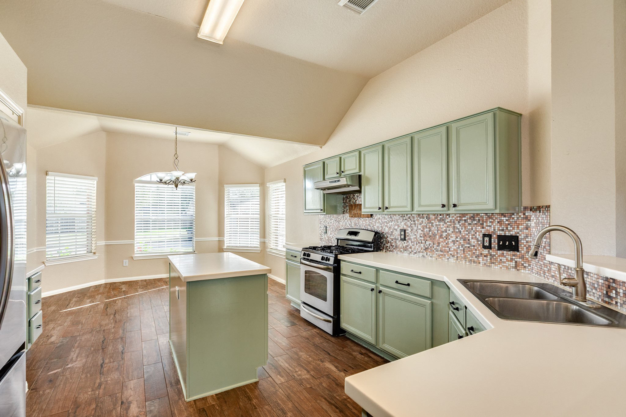 Center island for prep and serving convenience.