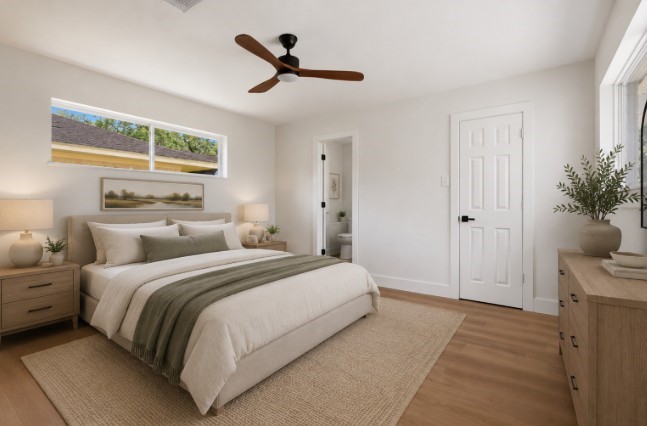 Virtually staged. The primary bedroom is thoughtfully separated from the secondary bedrooms, creating a private retreat for added comfort. Featuring abundant natural light, peaceful backyard views, and thoughtful updates throughout, this space offers a relaxing environment designed for peace of mind.