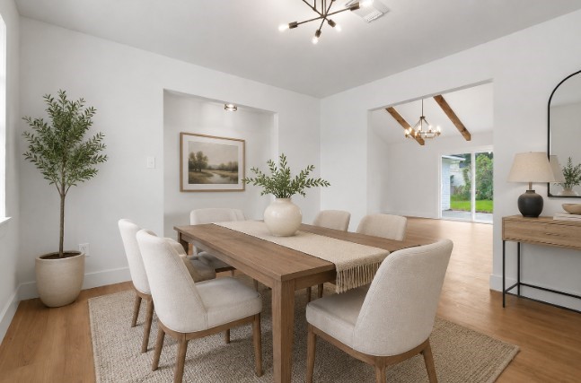 Virtually staged. The dining space is thoughtfully separated from the living room, creating an intimate setting where families can gather and enjoy peaceful meals together. This dedicated area provides the perfect atmosphere for meaningful conversations, shared dinners, and memorable moments.