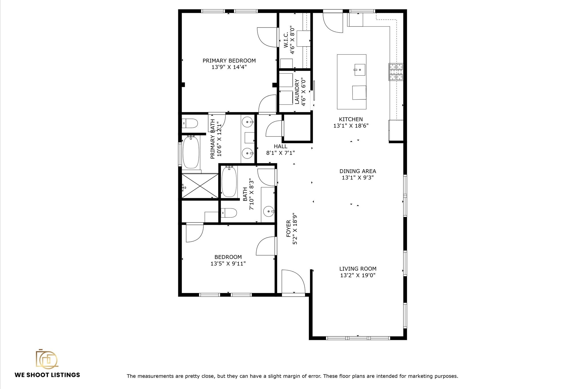 This floor plan features a spacious layout with a primary bedroom and en-suite bath, an additional bedroom, and a second full bath. The open-concept living room and dining area connect to a sizable kitchen with a central island. A laundry room and hallway complete the design, offering functionality and comfort.