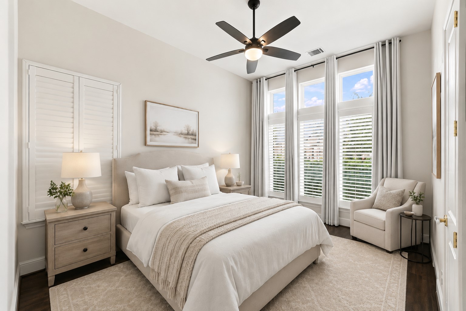 Full bedroom downstairs, currently used as a nursery, but staged to show the space for a premium guest suite. *This photo is digitally staged.*