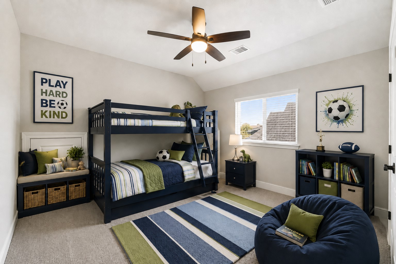 Upstairs has two bedroom rooms. This bedroom is current set up as a home office, however, it is plenty large enough for bunk beds and play space. *This photo is digitally staged.*