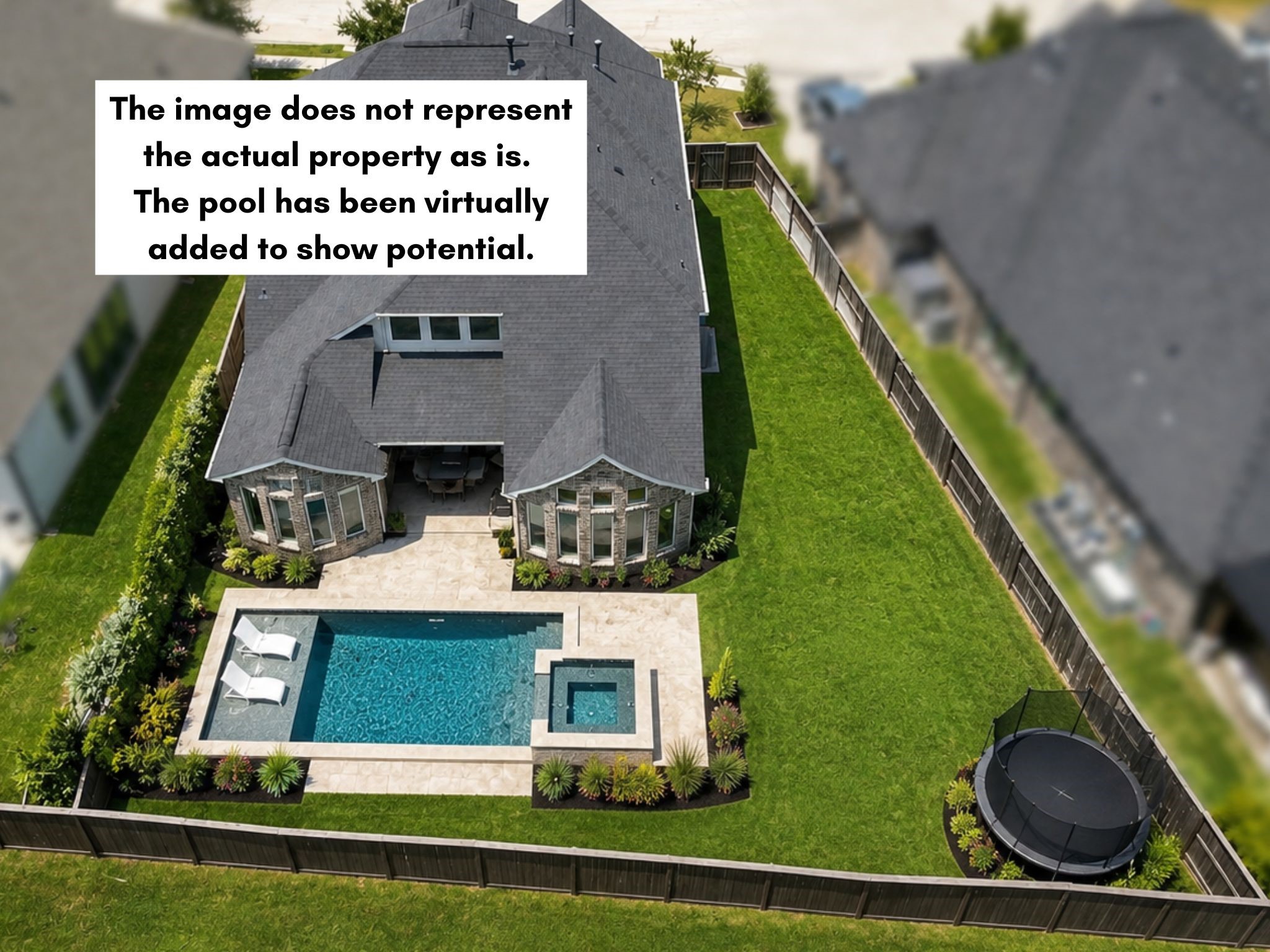 Current owners have not installed a pool, however there is ample room for a pool while still maintaing plenty of yard space! (Survey is in attachments to confirm space for pool.) *This photo is digitally created to show room for pool while still maining ample yard space.* Current owners have not installed a pool, however there is ample room for a pool while still maintaing plenty of yard space! (Survey is in attachments to confirm space for pool.) *This photo is digitally created to show room for pool while still maining ample yard space.*