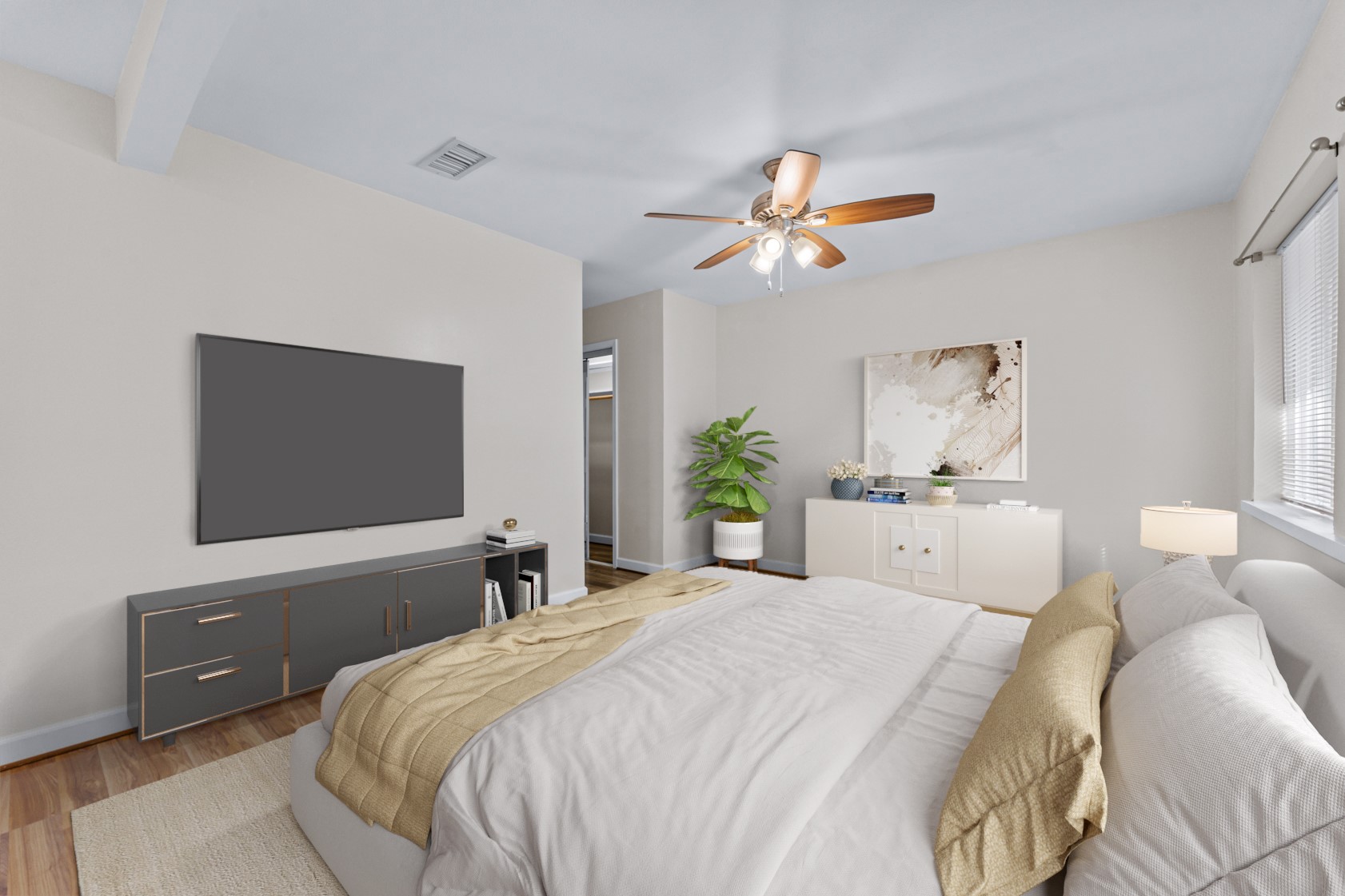 Opposite view of the primary bedroom.  The second closet is near the center of the photo.