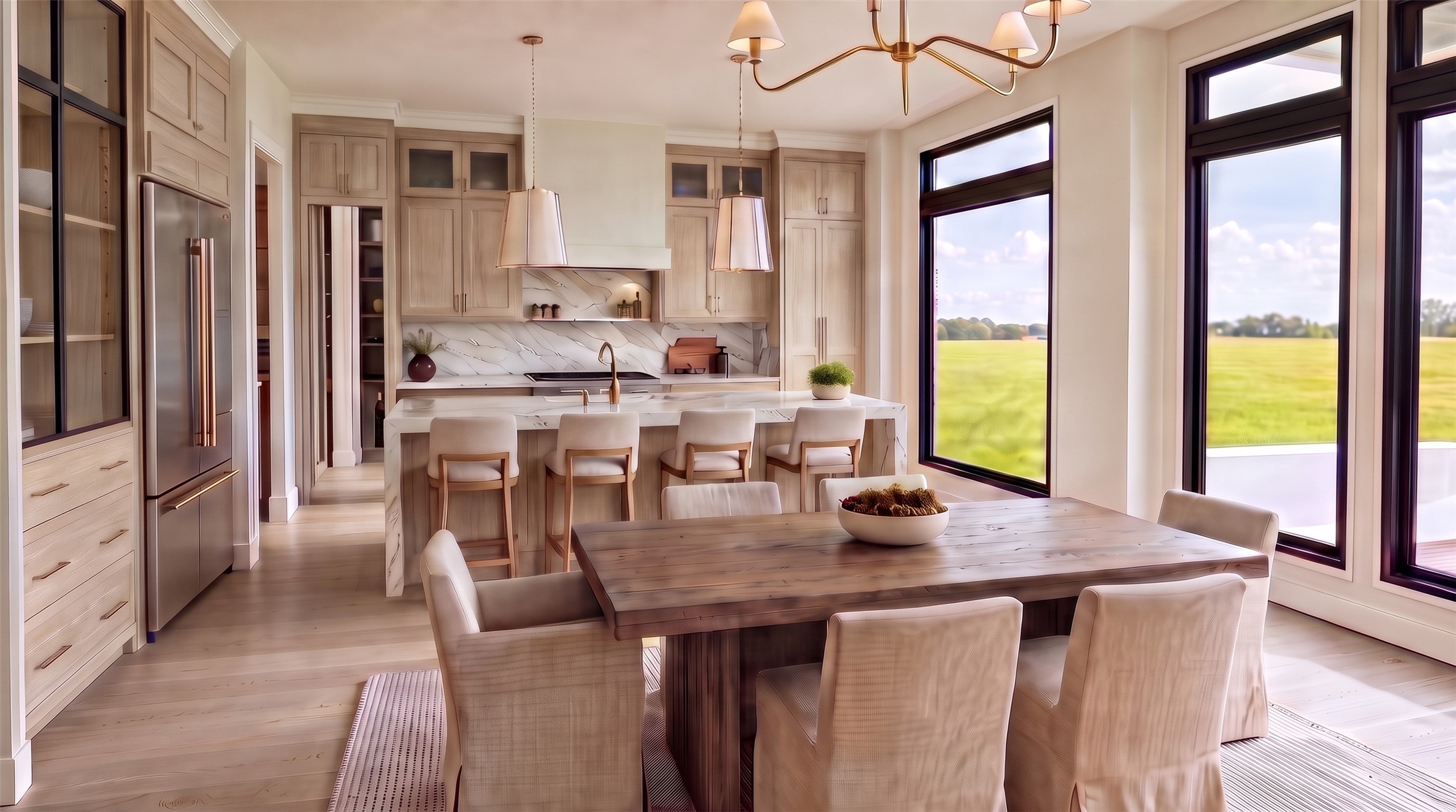 Artist rendering of Chef's Kitchen & Breakfast Area. Home offers a full Thermador appliance package including 48" gas range & 48" Refrigerator. Artist rendering of Chef's Kitchen & Breakfast Area. Home offers a full Thermador appliance package including 48" gas range & 48" Refrigerator.