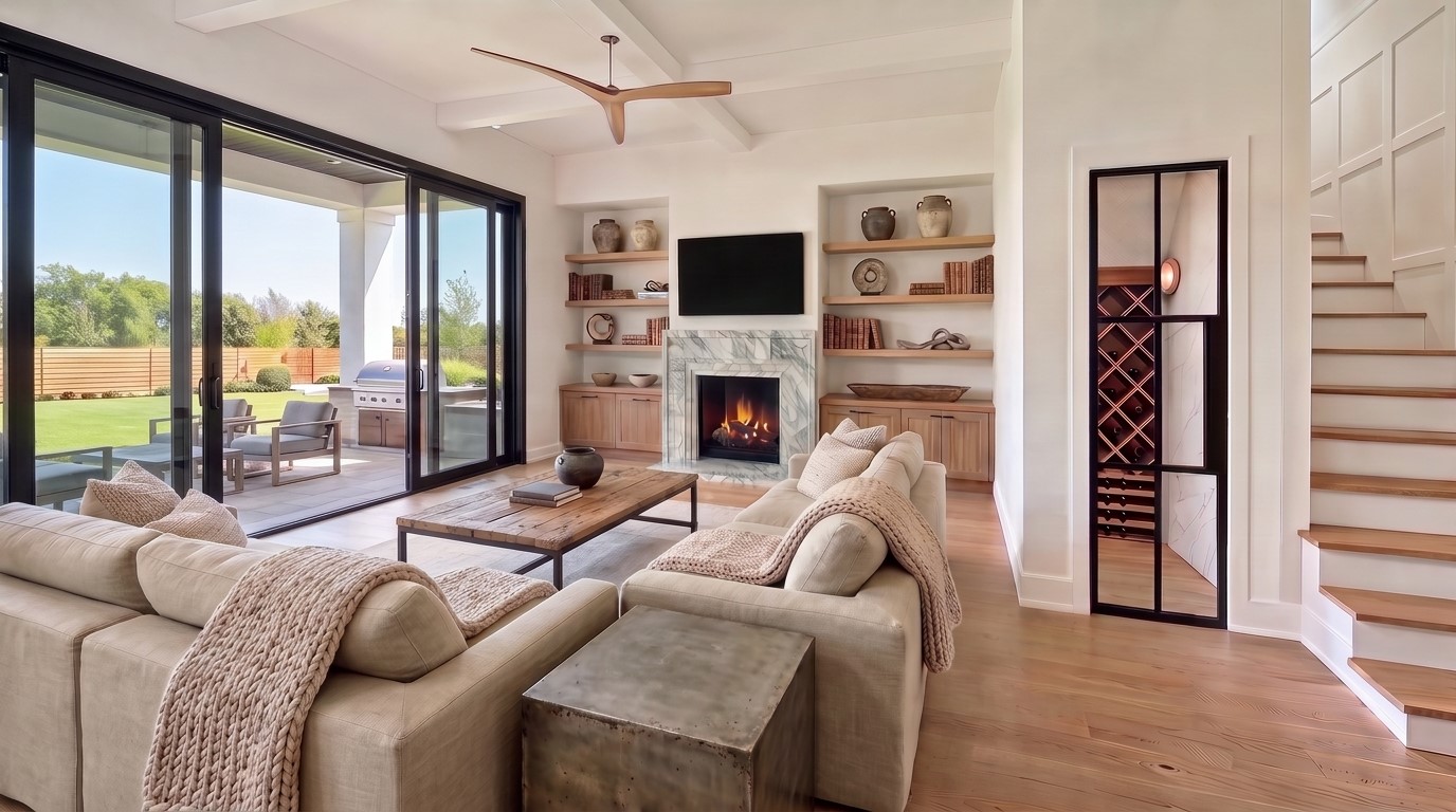 Artist rendering of Family Room w/ wall of windows leading out to the covered patio and temp-controlled wine room to the right. Artist rendering of Family Room w/ wall of windows leading out to the covered patio and temp-controlled wine room to the right.