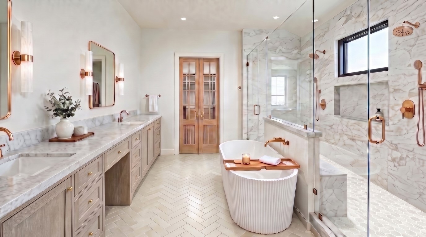 Artist rendering of Primary Bathroom. Features include over-sized walk-in shower w/ dual shower fixtures, bench & separate soak tub. Designer selected finishes throughout. Artist rendering of Primary Bathroom. Features include over-sized walk-in shower w/ dual shower fixtures, bench & separate soak tub. Designer selected finishes throughout.
