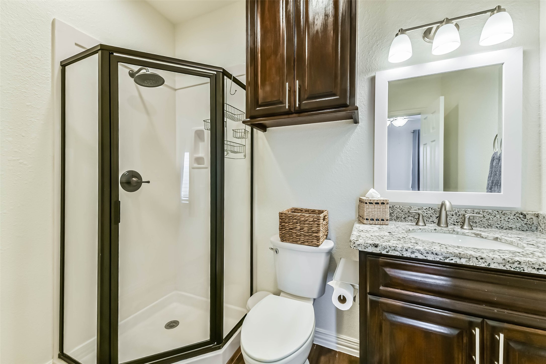 Bathroom features a glass-enclosed walk-in shower, granite vanity countertop, and overhead storage cabinetry.